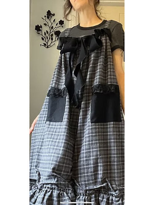 Gray Plaid Flannel Ruffly Bowtie Babydoll Overalls