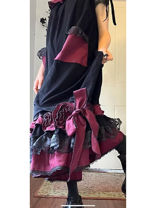 Black Velvety Corduroy/Red Bows and Roses Babydoll Overalls