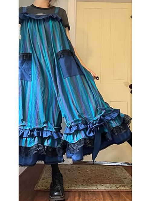 Blue/Purples Stripe Ruffly Bowtie Babydoll Overalls