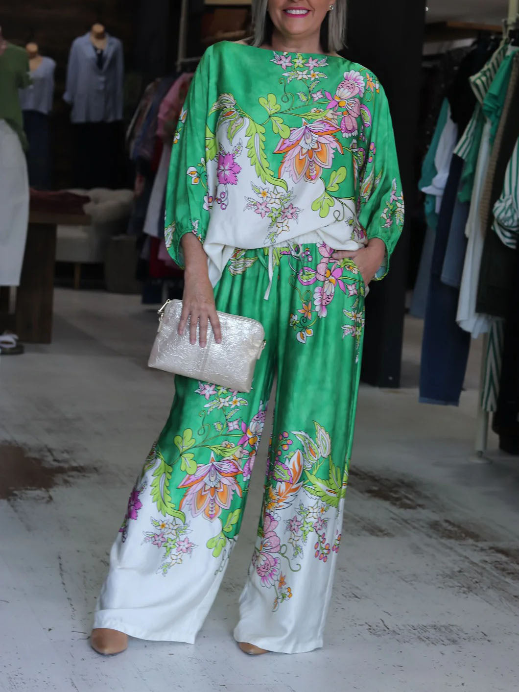 Vibrant Floral Silky Wide-Leg Two-Piece Set