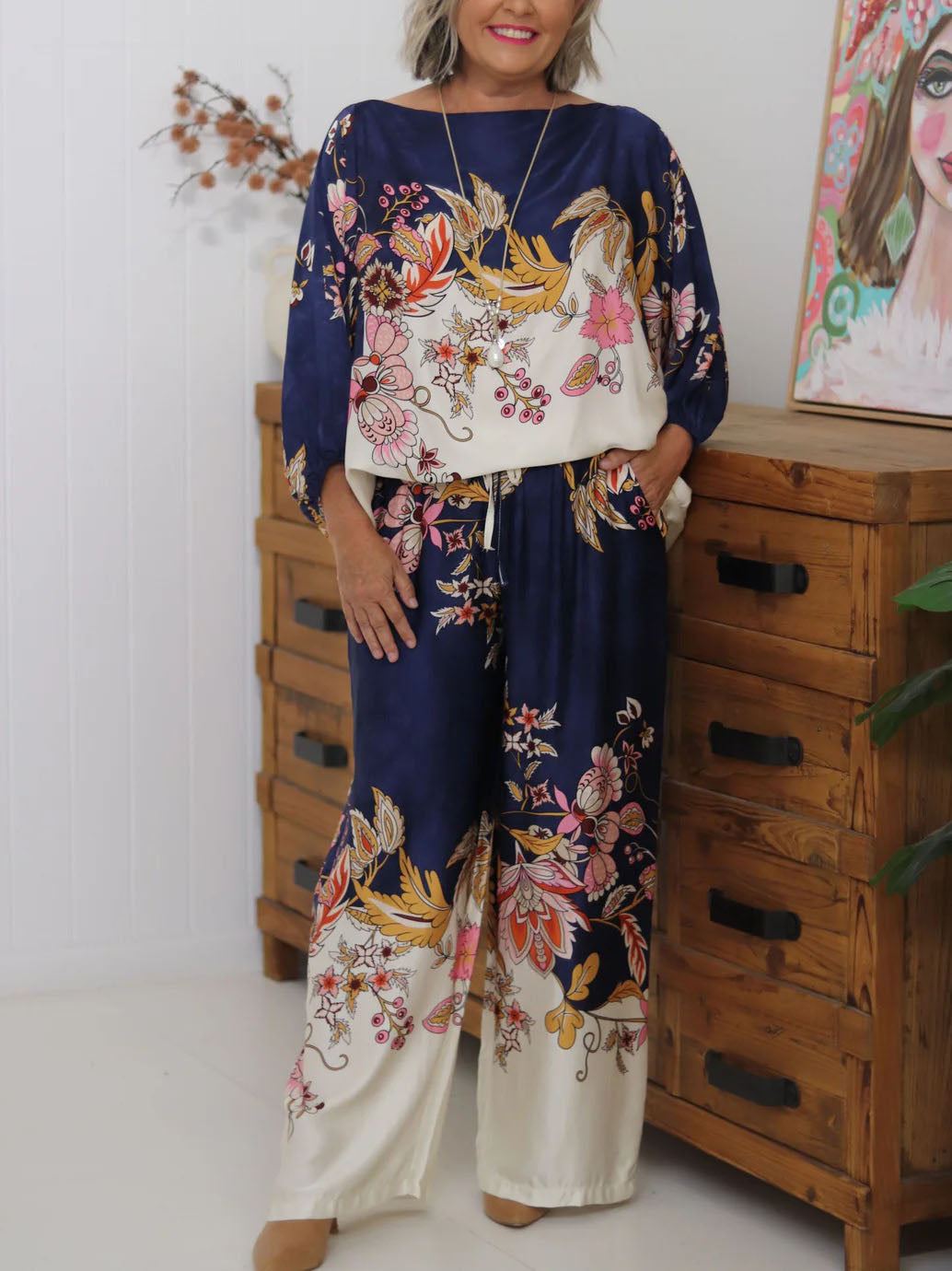 Elegant Navy Floral Silky Wide-Leg Two-Piece Set