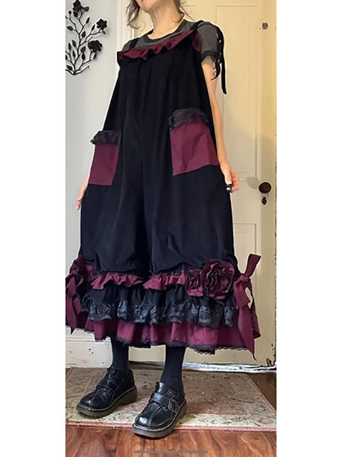 Black Velvety Corduroy/Red Bows and Roses Babydoll Overalls