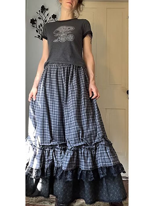 Gray Plaid Flannel/Floral Super Flared Wide Ruffle Maxi Bloomers Pants