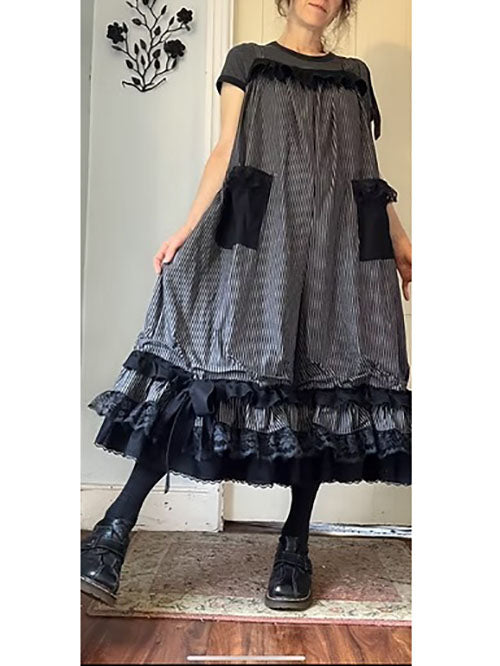 Black Pinstripe Ruffly Bowtie Babydoll Overalls