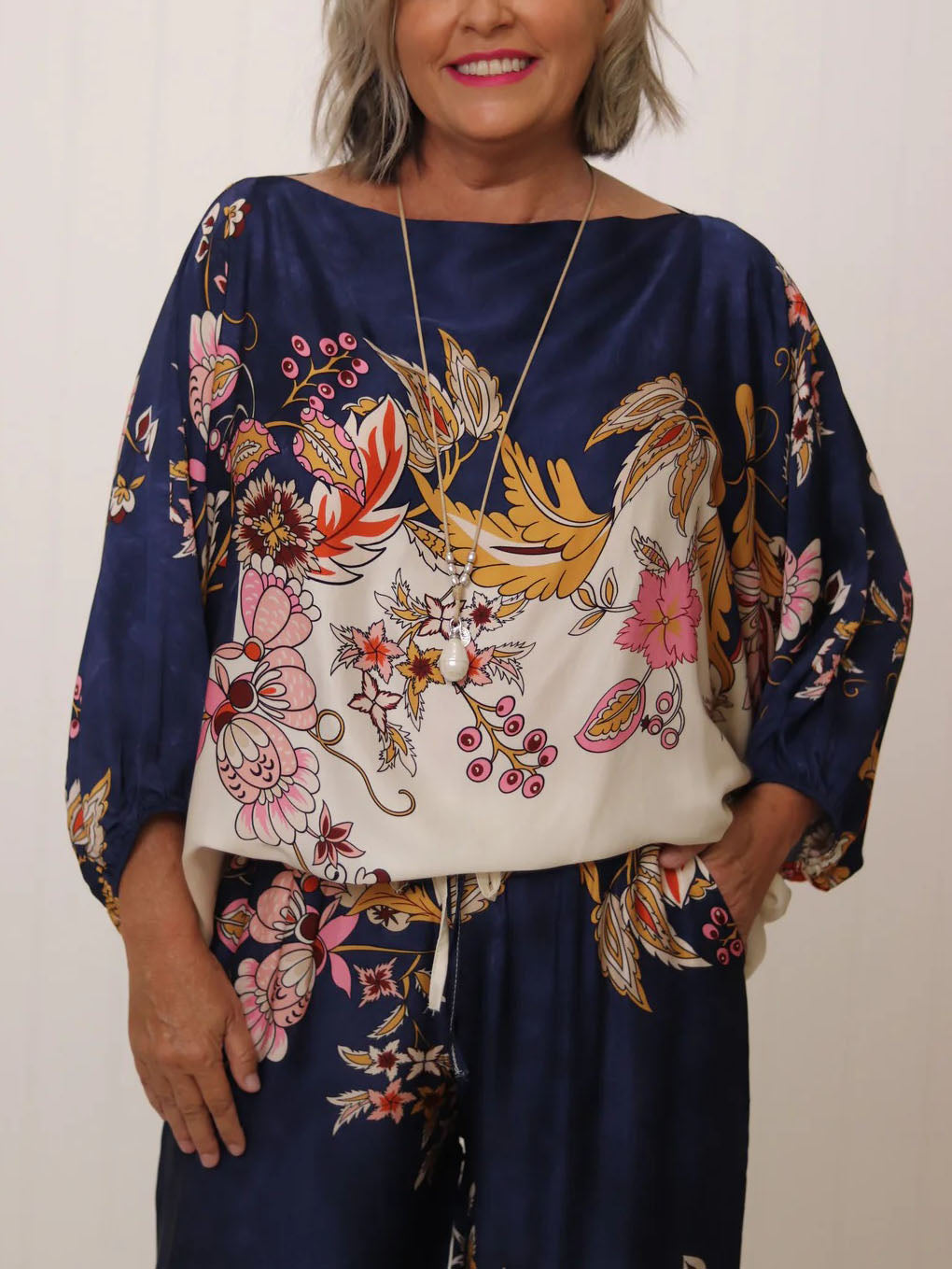 Elegant Navy Floral Silky Wide-Leg Two-Piece Set