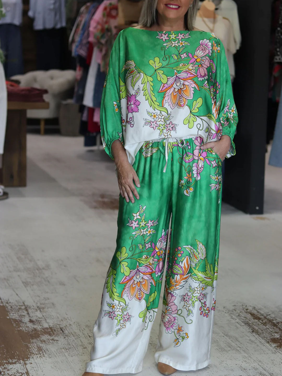 Vibrant Floral Silky Wide-Leg Two-Piece Set