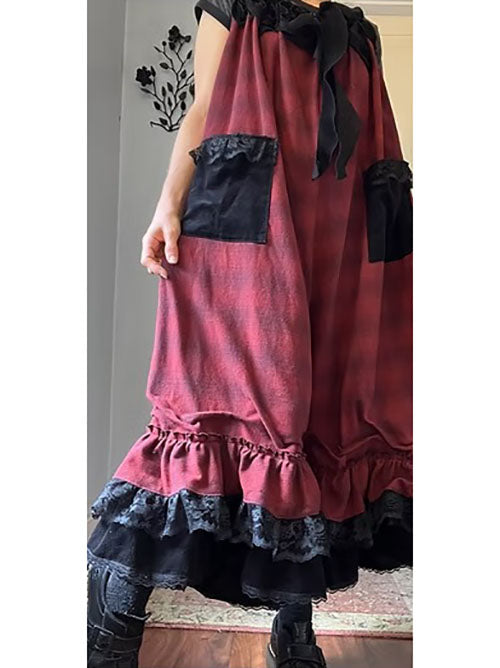 Red Plaid Flannel Roses and Bows Neckline Babydoll Overalls