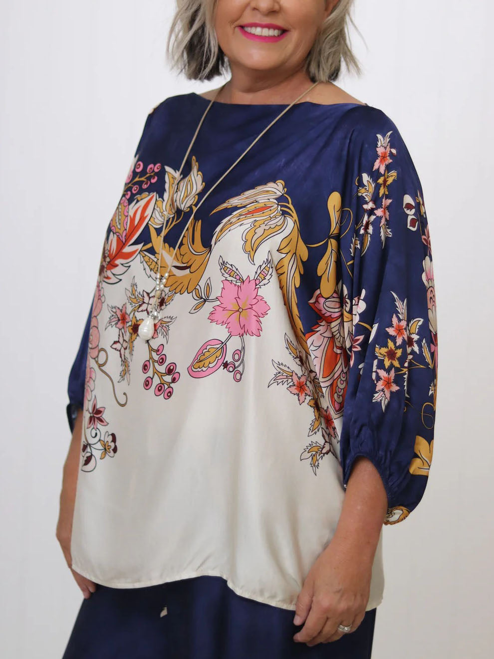 Elegant Navy Floral Silky Wide-Leg Two-Piece Set