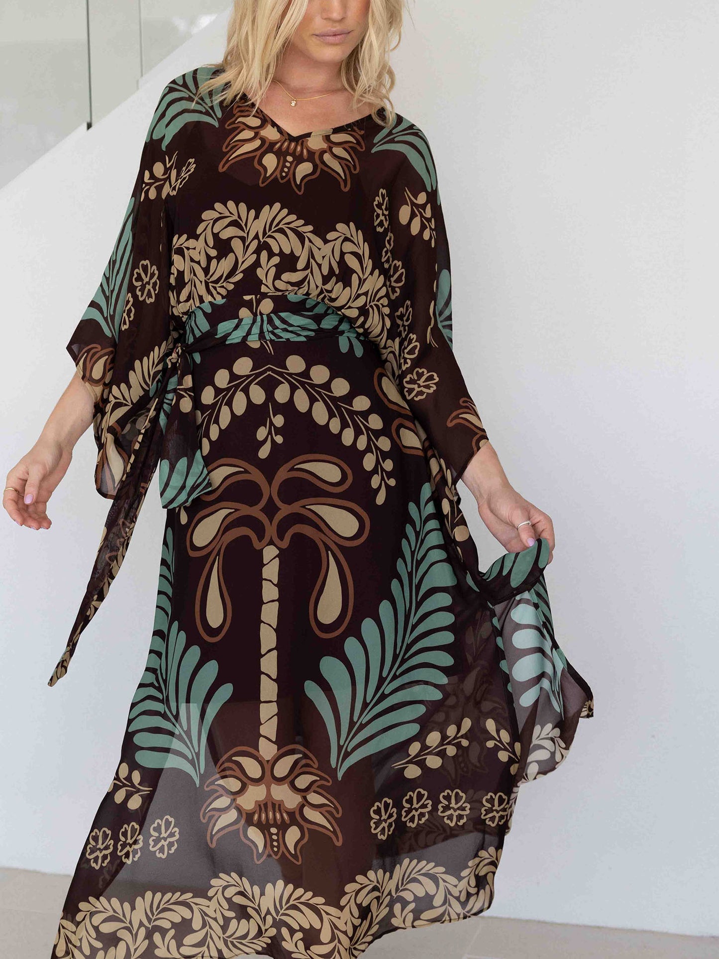 Tropical Print Kimono-Sleeve Maxi Dress