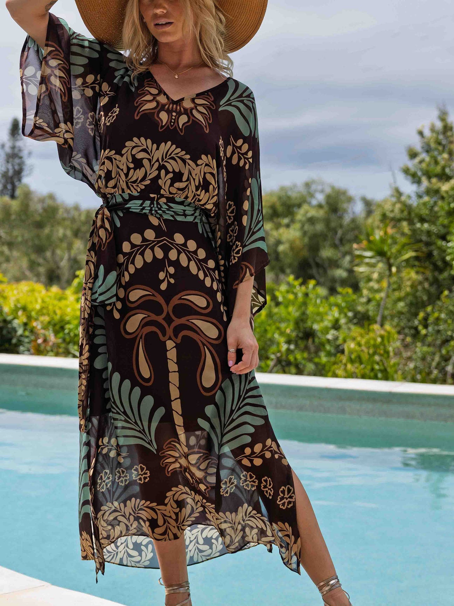 Tropical Print Kimono-Sleeve Maxi Dress