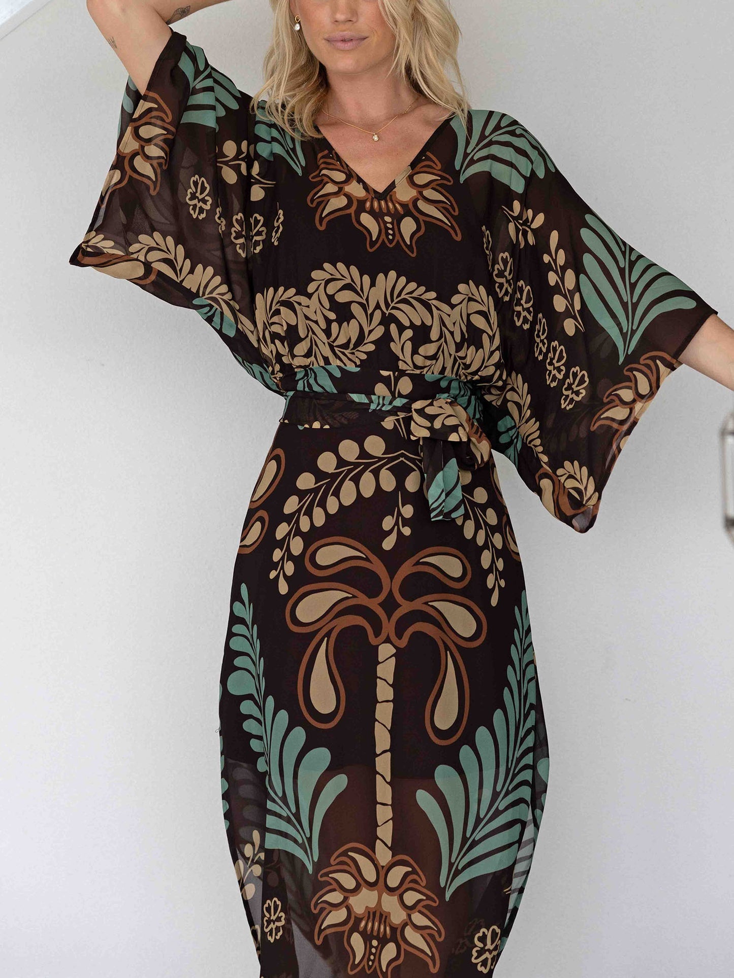 Tropical Print Kimono-Sleeve Maxi Dress