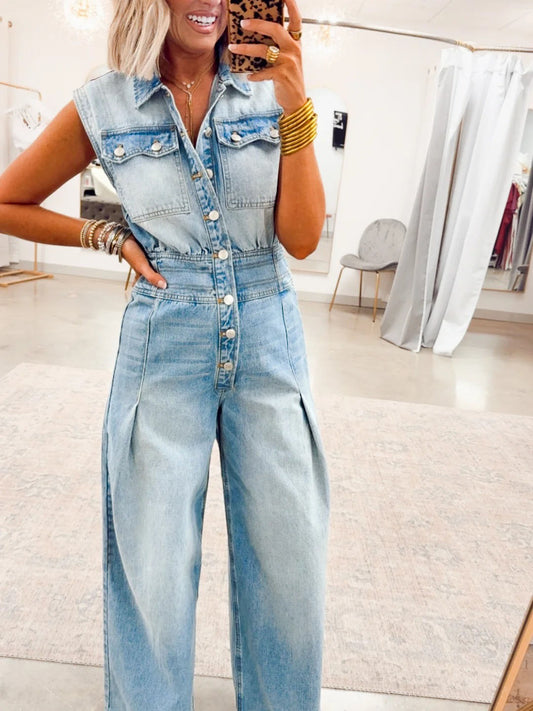 Snow Washed Button Down Jumpsuit