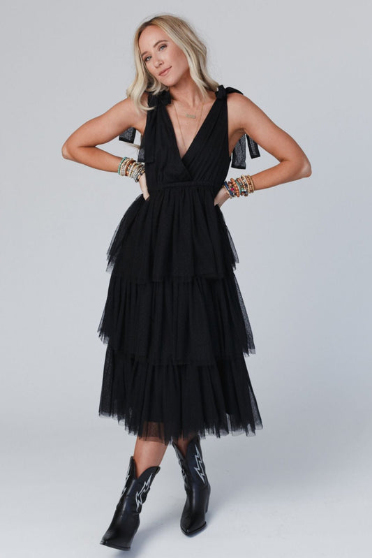 Boho Ballerina Tiered Tulle Dress - Black