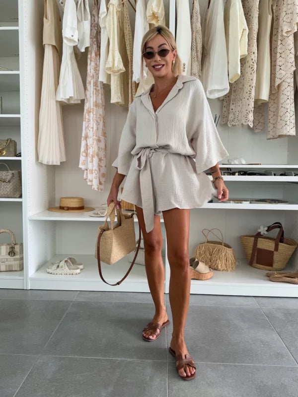 Fleur Beige Pleated Romper